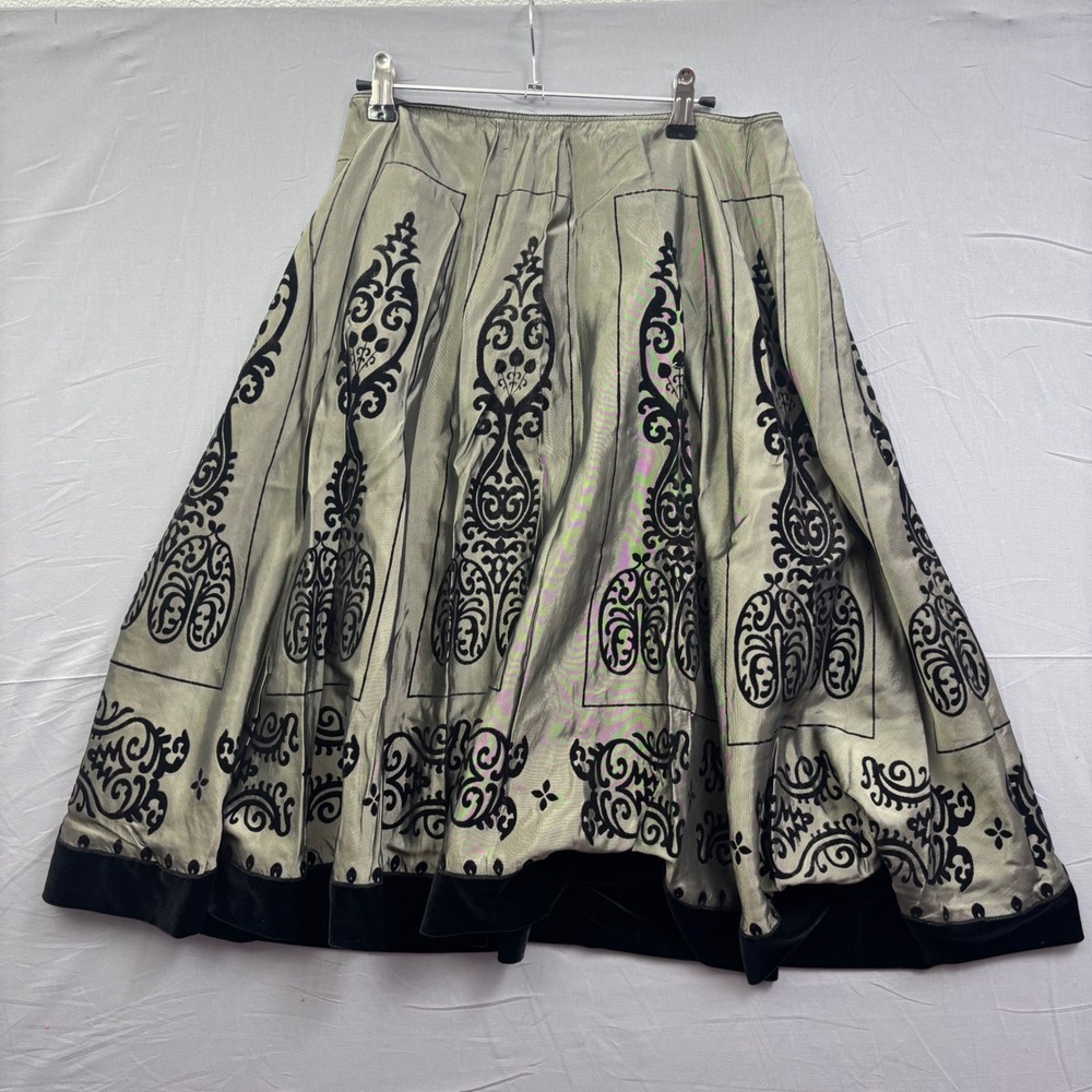 Dressbarn Collection Velvet Damask Flocked Midi Skirt Taupe‎ Green Womens 8